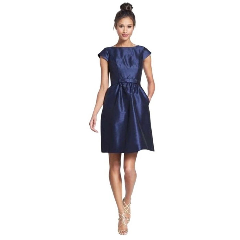 Alfred Sung Midnight Navy‎ Fit & Flare Dress Size 8 Satin Wedding Guest Cocktail